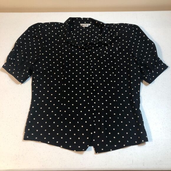 Vtg Polka Dot Blouse Black Puff Sleeve Romantic Retro Rockabilly Pinup Academia - Picture 1 of 7